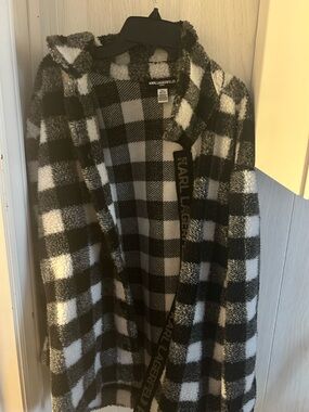 Karl Lagerfeld Black and White Check Plush Hooded Cardigan